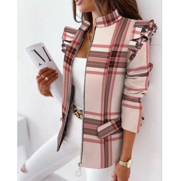 MultiColor Blazer with Ruffled Shoulders Full Sleeve - Front Zipper - Picture 2 of 5